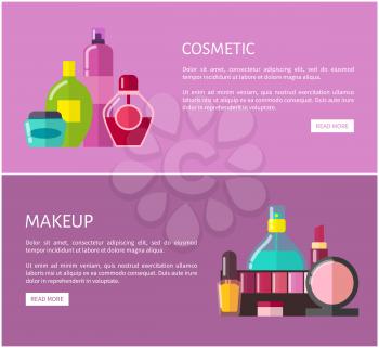 Cosmetic and makeup, collection of web pages, set of products used by women, eyeshadows and lipstick, creams lotions, isolated on vector illustration