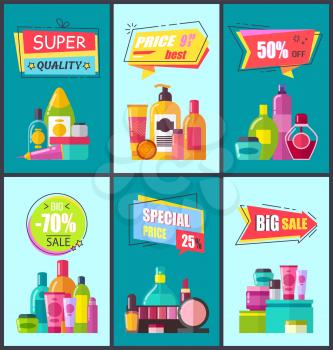 Super quality half price special big sale banner vector illustration with different shapes promotion labels, set of cosmetic products isolated on blue