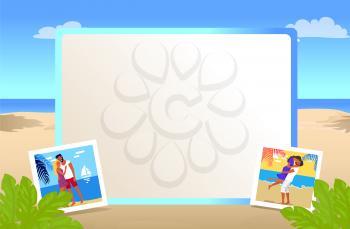 Square photo frame with beautiful sandy beach and small pictures of couples in love together on vacation cartoon vector illustration.