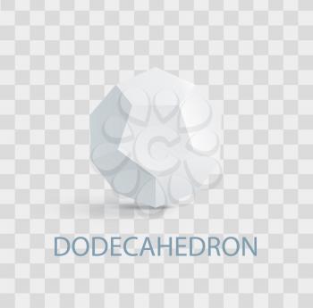 Dodecahedron complicated white geometric figure that casts shade. Three-dimensional shape composed of small pentagon isolated vector illustration on transparent background