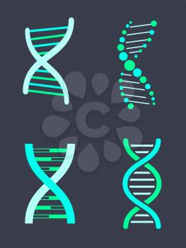 DNA chain variations of bright turquoise color set. Human biological material that carries genetic information. Structure of DNA vector illustrations.