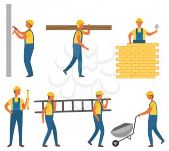 Repairer hammering bolt into wall, carrying log and stairs, laying bricks, holding ruler and truck. Builder character with tool, construction zone vector. Flat cartoon