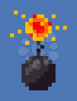 Explosion of bomb vector, isolated military weapon icon in flat style, pixel art game weaponry design of 8bit, pixelated dangerous object designed in retro
