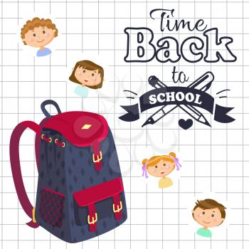 Backpack and pen or pencil, children or pupils, back to school vector. Rucksack or knapsack, school kids, girls and boys, supplies and accessory, education. Back to school concept. Flat cartoon
