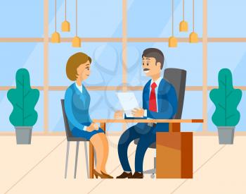 Woman getting new job in office vector, boss employer and potential employee. Female wearing formal clothes, boss reading cv and asking questions. Flat cartoon