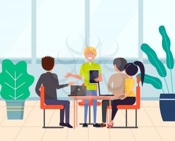 Group of people or workers sitting around table and discussing work issues. Office teamwork or business meeting, employees communication, manager report. Flat cartoon