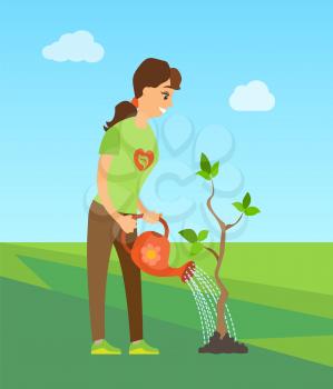 Girl water tree from watering can, person from volunteering organization planting i n green park. Vector cartoon woman volunteer worker in uniform. Flat cartoon