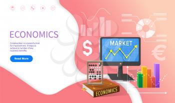 Economics school discipline, university studies vector. Computer with growing chart results, calculation of money currencies, textbooks with data