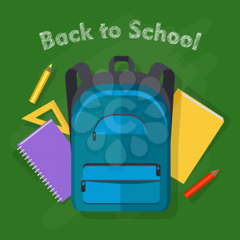 Back to school. Dark blue backpack with two front pockets. School objects behind. Yellow ruler, violet notebook on spiral, red pencil, yellow book. Illustration in cartoon style. Flat design. Vector
