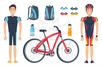 Male sportsmen in special clothes near red bicycles, bottles for water, sunglasses and bags on white vector colorful illustration in flat design