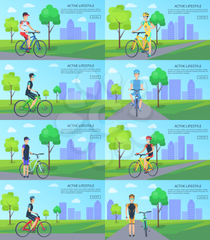 Active lifestyle agitation banners with man in special elastic stretch clothes and solid helmet rides bike in park vector illustrations set.