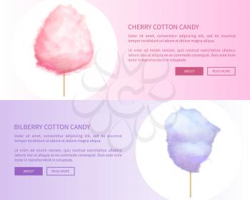 Cherry and bilberry cotton candies web banners with place for text. Sweet tasty desserts for children in graphic design