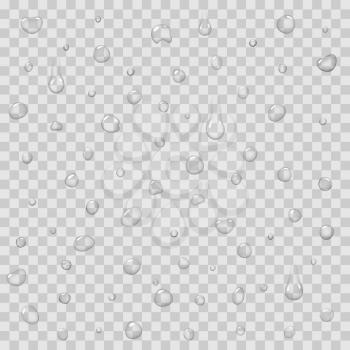 Liquid aqua droplets, clean raindrops on transparency. Seamless pattern with rain drops isolated on transparent background.