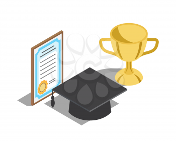 Rewards for successful graduation from educational institution. Gold trophy cup, square academic hat and diploma in frame vector illustrations set.