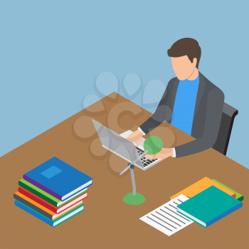 Faceless male person working with laptop at brown wooden table with green lamp, many books and other documents vector illustration