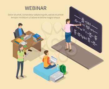 Webinar for people studying at home vector poster. Web banner of man working at table with books, boy on flash drive and standing girl with tablet