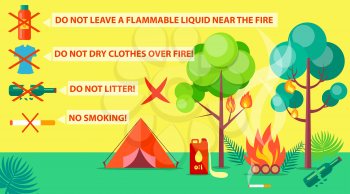 Poster of campground rules with inscriptions. Vector illustration of red tent, burning trees and bushes due to failure to comply with rules