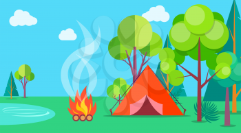 Camping time in summer template poster with isolated red tent near bonfire and many green trees. Outdoor relaxation on fresh air template