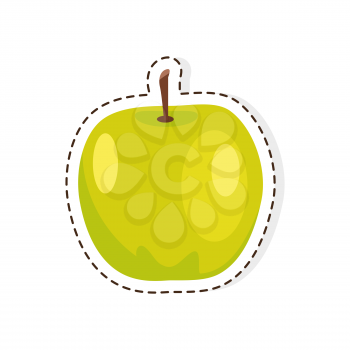 Ripe fruit sticker or icon. Green apple flat vector isolated on white background. Vegetarian food illustration outlined with dotted line