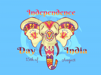 Independence Day of India poster dedicated to national holiday on August 15th. Vector illustration of head of elephant painted in various patterns