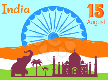 15 August Independence Day in India holiday poster with national flag, Asian elephant, tall palms and Taj Mahal silhouettes vector illustrations.