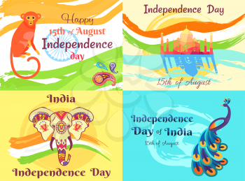 Independence Day of India on 15th of August colorful posters set with exotic animals, national flag and famous Taj Mahal vector illustrations.