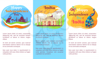 Happy Independence Day placards with big text, peacock with colorful feathers, luxurious Taj Mahal and elephant silhouette vector illustrations.
