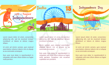 Happy Independence Day of India vector colorful poster with symbolic elements and animals, text information. Celebration of national asian holiday