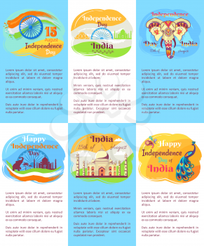 Indian Independence Day posters with description and national symbols associated with country isolated cartoon vector illustrations set.