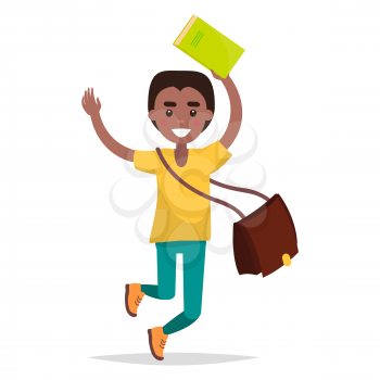 Jumping Indian student in yellow shirt with book and bag isolated on white background. Reaction for successful exams passing and graduation. Person for mobile web application vector illustration.