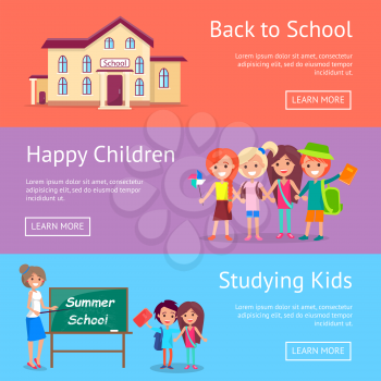 School and studying related set of posters. Vector illustration of three storey educational institution, happy children and teacher at blackboard