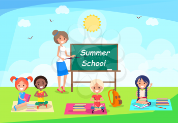 Summer school banner with teacher standing near blackboard and pupils sitting on covers on grass at park outdoors vector illustration