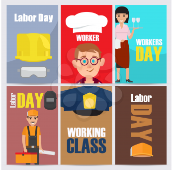 International Labor Day themed posters with kid that dreams to be chef, waitress with tray and builder with tool box vector illustrations.