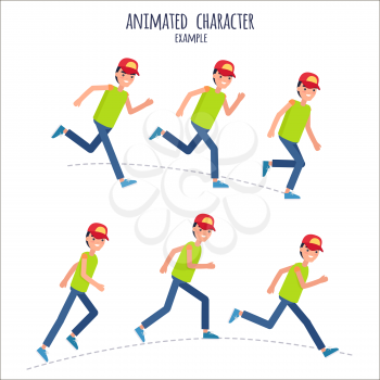 Animated character example with male person signs in motion on white. Vector flat illustration showing poses of running young boy wearing green t-shirt, blue trousers and red cap, create character