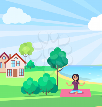 Girl doing yoga outdoors on pink rug near green trees and with residential buildings on background. Rest in park template vector poster