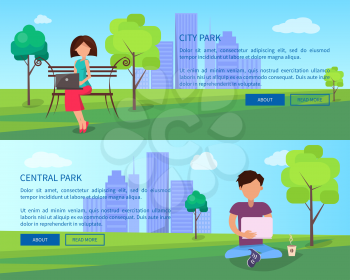 Central city park banners with people resting with modern gadgets and tablets searching internet in free wifi zone vector illustrations