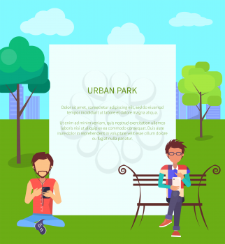 Urban park web banner with male sitting on bench with gadget and man with mobile phone sitting on ground, vector illustration with spare pace for text