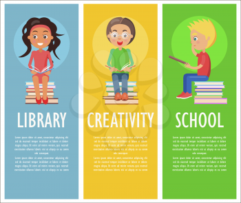 Library, creativity and school with reading kids sitting on pile of literature and holding interesting books vector illustration three vertical posters