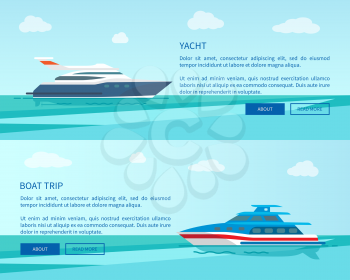 Modern yacht for sea walk and long boat trip promotional internet page with description vector illustration. Vessels on calm water surface.