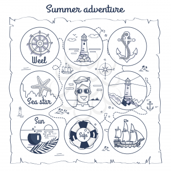 Summer adventure map. Black-and-white vector illustration of wheel, lighthouses, anchor, sea star, sailor, lifebuoy, ship and a few inscriptions