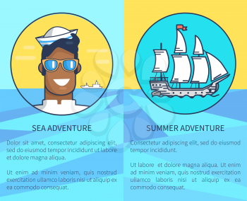 Set of advertising poster with text dedicated to sea and summer adventures. Vector illustration depicting circle icons of smiling sailor and ship