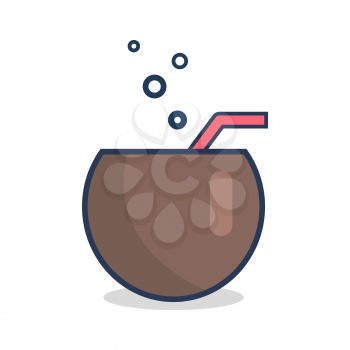 Cocktail in half of coconut with straw and bubbles isolated cartoon vector illustration on white background. Fresh cool natural beverage.