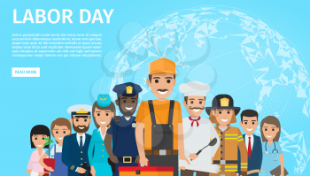 International labor day web banner with people professions. Occupations cartoon characters in uniform flat vector on planet background. Workforce diversity illustration for holiday landing page