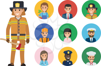 Firefighter in protective clothing with axe and round icons of representatives of most common professions vector illustrations.