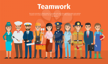 Internet page with information about teamwork with vector illustrations of workers in uniforms and with work atributes on orange background.