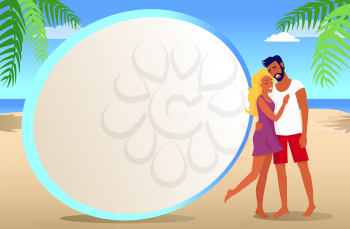 Frame for photo with couple that hugs on tropical beach with exotic palms, deep ocean, white sand and blue sky with clouds vector illustration.