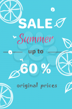 Summer sale poster with 70 discount off, vector illustration green banner with slices of lemon and colorful rainbow in flat style