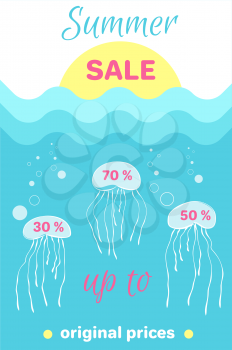 Summer sale poster with abstract cartoon jellyfishes sailing in sea or ocean vector with special offer original price 70 , 30 and 50 percent off