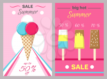 Big hot summer posters set with ice cream in waffle cones and on wooden stick vector illustration banners set on pink background, up to 50 discount