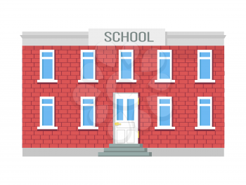 School two-storey building with windows and entrance door isolated on white background. Educational establishment for pupils vector illustration